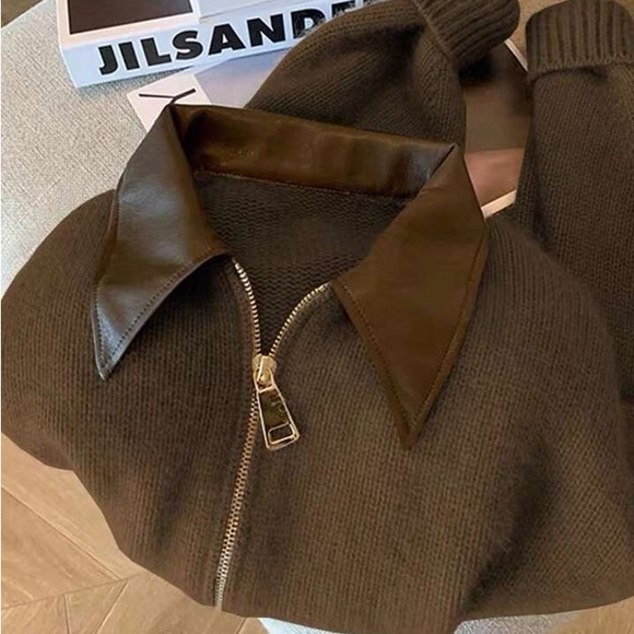 New Women's Brown Jacket with Leather Collar double zipper cardigan - Picture 3 of 4